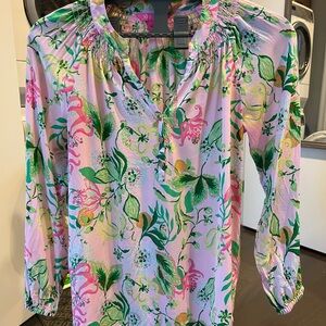 Lilly Pulitzer Elsa Silk Top Pink and Green Floral Blouse